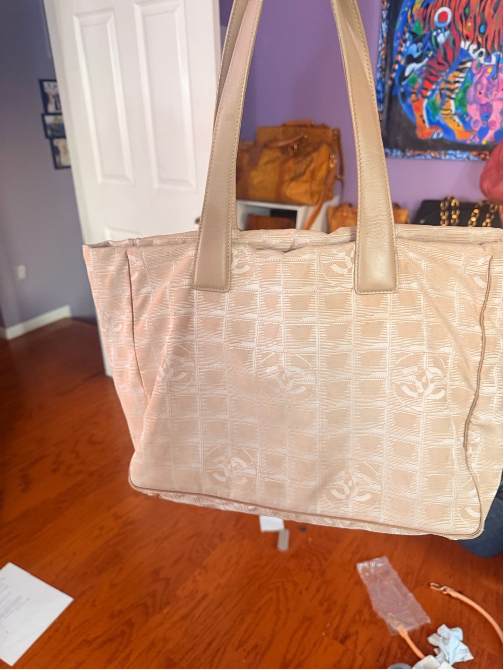 CHANEL Beige Jacquard Nylon Tote with Leather Handles